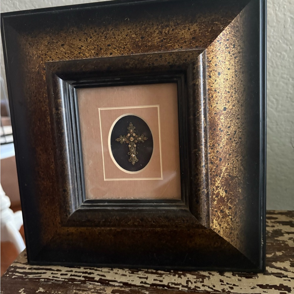Elegant Brown Framed Cross Table Top Art